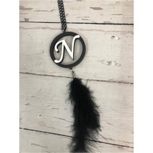 N Harfi Araç Dikiz Aynası Süsü 6cm Siyah Tüylü Ahşap ve Gümüş Pleksi