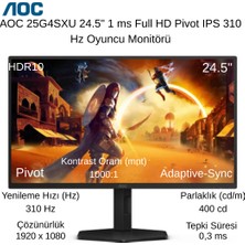 Aoc 25G4SXU 24.5" 1 Ms Full Hd Pivot IPS 310 Hz Oyuncu Monitörü + Oyuncu Mouse Hediye