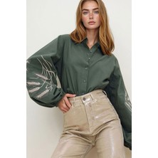 Lior Design Haki Kolları Işlemeli Poplin Dokuma Gömlek BCHESQ-251033