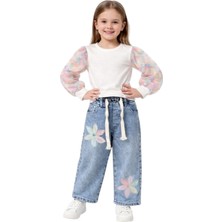 İrem Çocuk Giyim Kız Çocuk Bluzu Pantolonu Çiçek Detaylı Beli Lastikli Geniş Paça Model Pantolon Bluz Takımı