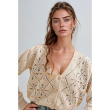 Lior Design Bej Baklava Desenli Çiçek Nakışlı Triko Hırka BCHESQ-251097