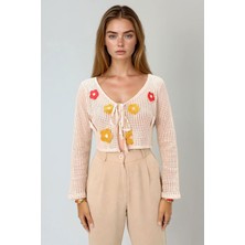 Lior Design Bej Önü Bağcıklı Çiçek Motifli Kroşe Hırka  BCHESQ-251095