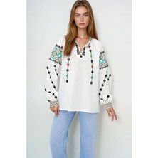 Lior Design Beyaz Hakim Yaka Nakış Işlemeli Keten Bluz BCHESQ-251077