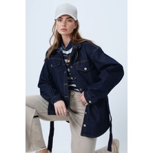 Lior Design Lacivert Beli Kuşaklı Düğme Kapamalı Denim Gömlek BCHNW-251208