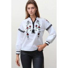 Lior Design Beyaz Önü Nakışlı Püsküllü Dokuma Bluz BCHESQ-251005