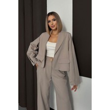 Lior Design Bej Çift Cep Kapaklı Ceket ve Palazzo Pantolon Dokuma Alt Üst Takım BCHN-254002