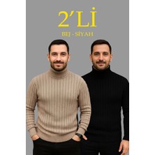 Erkek Fitilli Triko Kazak 2'li Set Bej Siyah Regular Balıkcı Yaka Tam Boğazlı Triko Seti Modeli Kazak