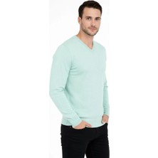 Erkek V Yaka Triko Kazak Yumuşak Dokulu Pamuklu Ince Dokuma, Uzun Kollu Rahat Regular Kalıp - Mint Yeşili