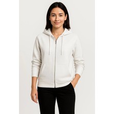 Kadın Üç Iplik Kapüşonlu Tam Fermuarlı Kanguru Çepli Sweatshirt Hoodie - Beyaz