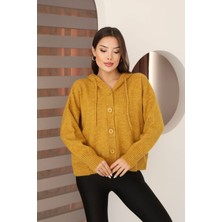 Lior Design Hardal Sarısı Düğmeli Kapüşonlu Soft Touch Triko Hırka BCES-253009
