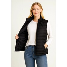 Kadın Şişme Fermuarlı Yelek Su Itici Kapitone Astarlı Kumaş Cepli Hafif Kışlık Spor Rahat Kalıp - Siyah