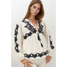 Lior Design Bej Nakışlı Bağlama Detaylı Ham Keten Ceket BCHESQ-251142