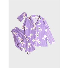 Aliş Kids Kız Çocuk Pamuklu Süet Kumaş Lila Tavşan Desenli Göz Bantlı Gömlek Yaka Pijama Takımı