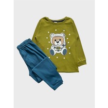 Elmas Kids Erkek Çocuk Pamuklu Haki Lacivert Astronot Desenli Uzun Kollu Ribana Likralı Kalın Pijama Takımı