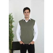 Erkek V Yaka Kolsuz Süveter Triko Kazak Yumuşak Dokulu Pamuklu Ince Dokuma Rahat Regular Kalıp - Haki