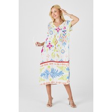 Lior Design Ekru Desenli Desenli V Yaka Midi Boy Elbise BCVL-254007