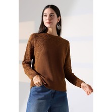 Lior Design Tarçın Kahve Bisiklet Yaka Motif Işlemeli Triko Kazak BCES-252036