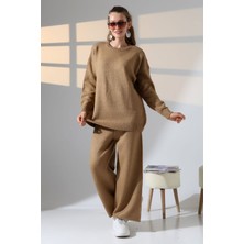 Lior Design Bisküvi Bisiklet Yaka Kazak ve Geniş Paça Pantolon Alt Üst Triko Takım BCES-252005