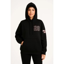 Kadın Üç Iplik Kapüşonlu Ön ve Arka Baskılı Sweatshirt Hoodie - Siyah