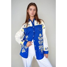 Lior Design Mavi Nakışlı Poplin Oversize Gömlek BCHESQ-251025