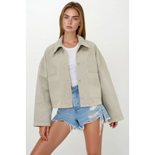Lior Design Bej Torba Cepli Çoban Dikişli Crop Jean Ceket BCHNW-251180