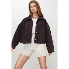 Lior Design Acı Kahve Torba Cepli Çoban Dikişli Crop Jean Ceket BCHNW-251180