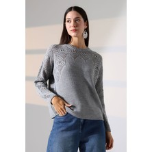 Lior Design Gri Bisiklet Yaka Motif Işlemeli Triko Kazak BCES-252036