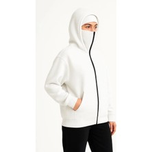 Kadın Samuray Ninja Çift Kapüşonlu Maske Detaylı Fermuarlı Kanguru Cepli Hoodie - Beyaz
