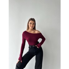Eloria Fashion Bordo Asimetrik Yaka Esnek Kadın Bluz