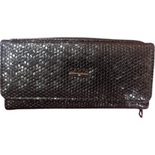 Zy Plus Siyah Desenli Suni Deri Portföy Cüzdan 19X10 cm