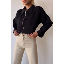 Lior Design Siyah Çift Cepli Fermuarlı Yıkamalı Crop Denim Ceket BCDF-235410