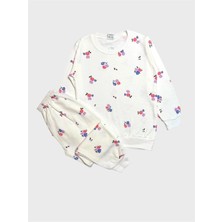 Aliş Kids Kız Çocuk Beyaz Pamuklu Şardonlu Çiçek Desenli Uzun Kollu Kışlık Pijama Takımı