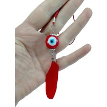 Kırmızı Cam Nazar Boncuğu, Kuş Tüylü, El Yapımı Araba Dikiz Ayna Süsü