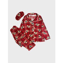 Aliş Kids Kız Çocuk Pamuklu Süet Kumaş Kırmızı Ayıcık Desenli Gömlek Yaka Göz Bantlı Pijama Takımı