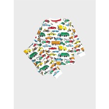 Elmas Kids Erkek Çocuk %100 Pamuklu Beyaz Araba Kamyon Motor Desenli Uzun Kollu Pijama Takımı