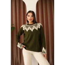 Lior Design Haki Bisiklet Yaka Desenli Triko Kazak BCES-253003