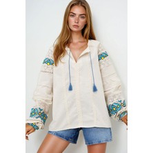 Lior Design Bej Bisiklet Yaka Fisto ve Nakış Işlemeli Balon Kol Ham Keten Bluz BCHESQ-251078