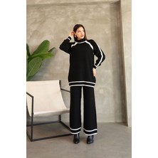 Lior Design Siyah Çizgi Detaylı Bisiklet Yaka Tunik ve Geniş Paça Triko Alt Üst Takım BCES-252030