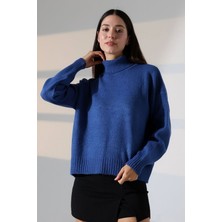 Lior Design Indigo Boğazlı Yumuşak Dokulu Triko Kazak BCES-252023