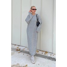 Lior Design Gri Bisiklet Yaka Saç Örgülü Midi Boy Kışlık Triko Elbise BCVL-T24ELB1