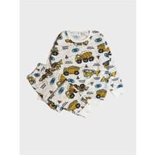 Aliş Kids Erkek Çocuk Pamuklu Şardonlu Beyaz Iş Makinesi Kepçe Desenli Uzun Kollu Pijama Takımı