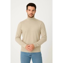 Erkek Yarım Boğaz Triko Kazak Yumuşak Dokulu Pamuklu Ince Dokuma, Uzun Kollu Rahat Regular Kalıp - Bej