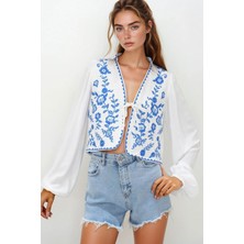 Lior Design Mavi Nakışlı Bağlamalı Ceten Crop Ceket BCHESQ-251140