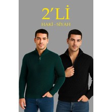 Erkek Fitilli Triko Kazak 2’li Set – Siyah & Haki Kalın Dokuma Pamuklu Regular Fit V Yaka Fermuarlı Uzun Kollu Rahat Kışlık Kazak Kombini