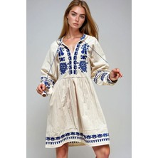 Lior Design Taş V Yaka Nakışlı Ham Keten Elbise BCHESQ-251055