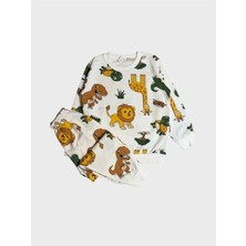 Aliş Kids Erkek Çocuk Pamuklu Şardonlu Beyaz Aslan Safari Desenli Uzun Kollu Pijama Takımı