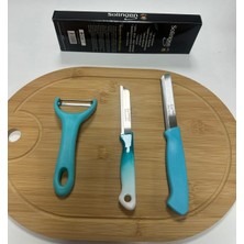 Solingen 3 Lü Pro Mutfak Seti - Ebruli Meyve Bıçağı, Mikro Tırtıklı Sebze Bıçağı ve Sapan Soyacak(Turkuaz)