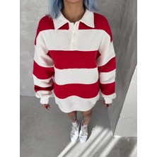 Tarz Yeri Kadın Üç Iplik Parçalı Yakalı Sweatshirt - Kırmızı