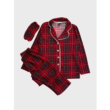 Tusem Butik Homewear Erkek Çocuk Pamuklu Süet Kumaş Kırmızı Ekose Desenli Gömlek Yaka Düğmeli Uyku Bantlı Pijama Takımı