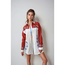 Lior Design Bej Nakışlı Renk Bloklu Oversize Gabardin Ceket BCHESQ-251024